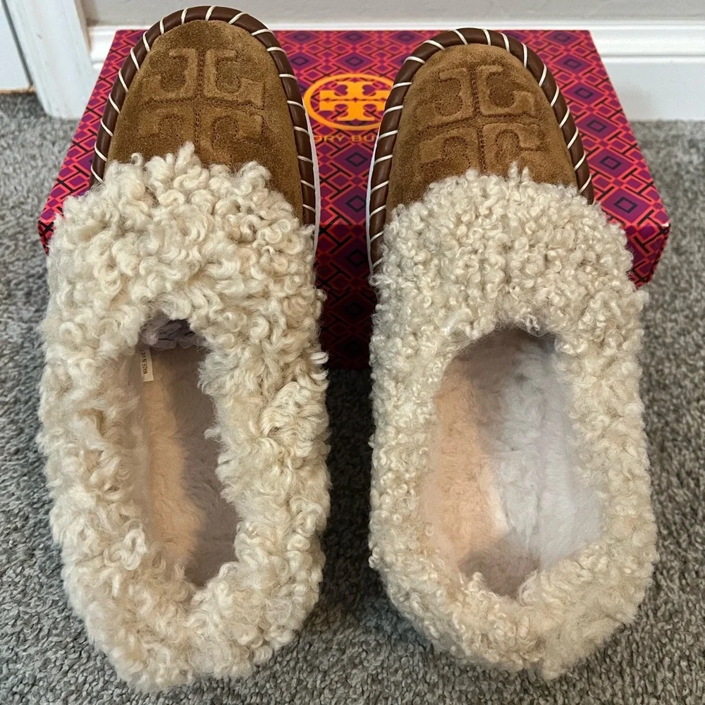 Tory Burch Suede Shearling Logo Loafer Slippers - Picture 3 of 7